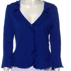 Dorothee Schumacher Royal Blue Plunge Neckline Ruffle Button Cardigan Lrg